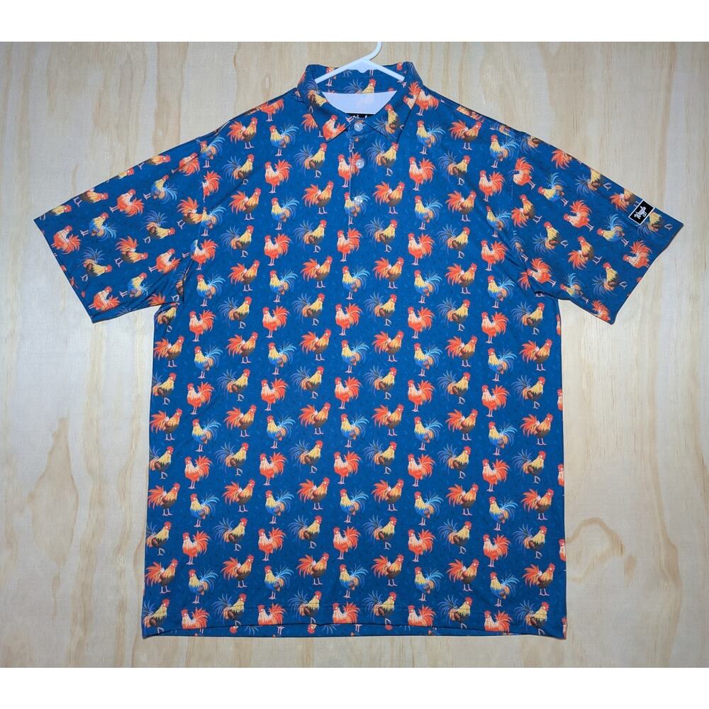 Waggle Men's XL Polo Shirt Rooster Golf Performance Stretch Blue Short Sleeve